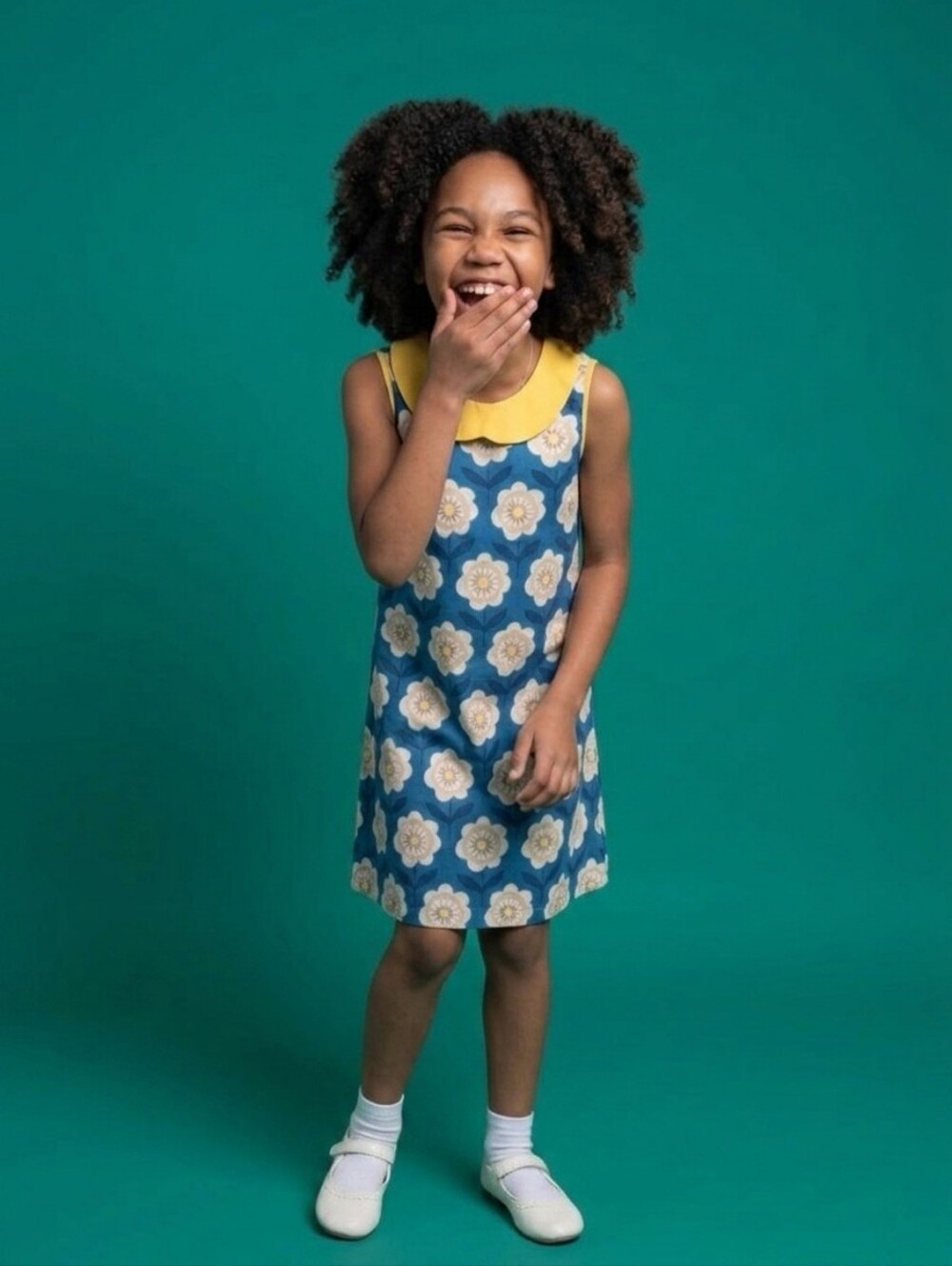 Girls Blue Floral Casual Dress with Yellow Peter Pan Collar